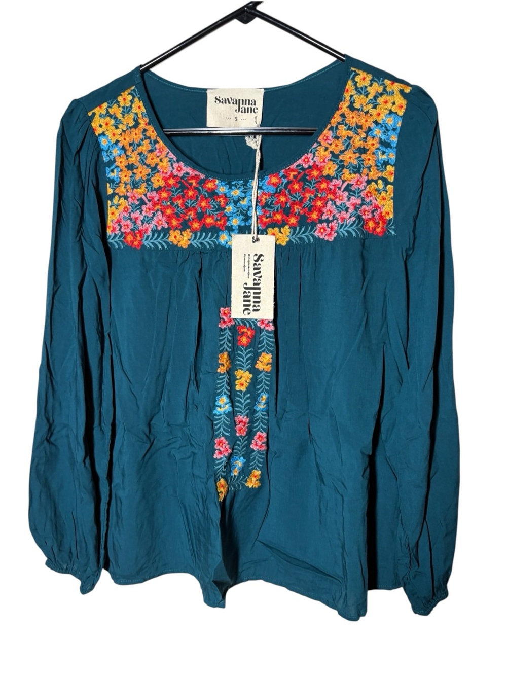 {NWT} Savanna Jane Embroidered Teal Peasant Blouse - Small